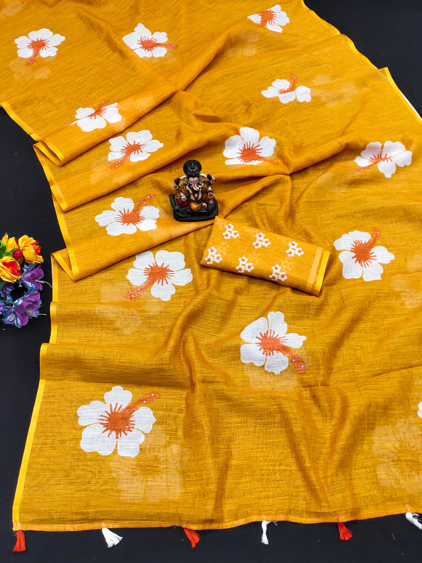 Yellow Soft Linen Cotton Silk Sarees CHAMPA Jasud Flower Print