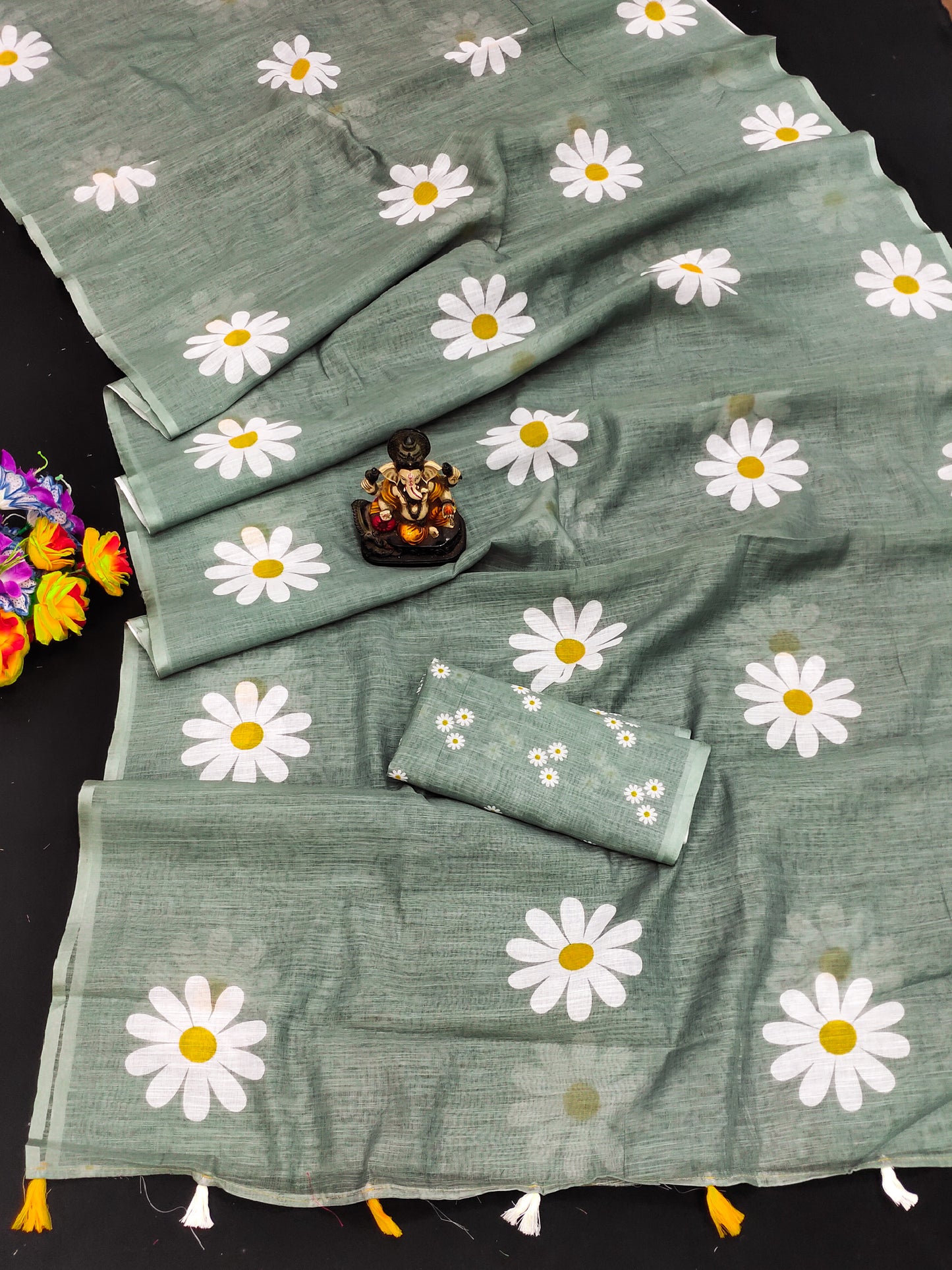 Grey Soft Linen Cotton Silk Sarees CHAMPA Flower Print