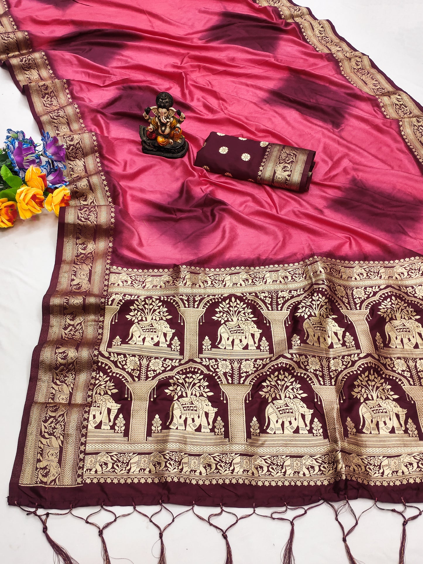 Pink Color Sibory Print Paithani Silk Saree Zari Gold & Minakari Paithani Border