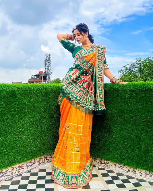नारंगी पीला हरा रंग प्रियंका शर्मा कढ़ाई पैंट पटोला साड़ी विशेष अवसर के लिए