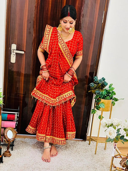 शुद्ध विस्कोस लाल रंग की सौभाग्यवती भव घाटचोला साड़ी