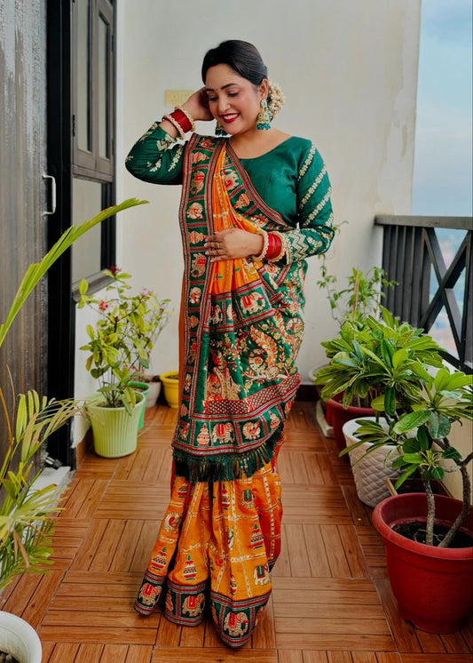 कैरा ऑरेंज पीला हरा कढ़ाई पैंट पटोला साड़ी ब्लाउज के साथ
