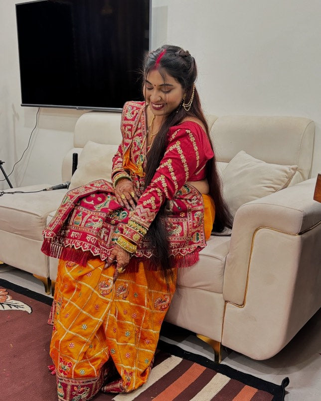 Orange Yellow Maroon Colour HimPriyaThe Lovebirds Embroiderd Panter Patola Saree For Special Occasion