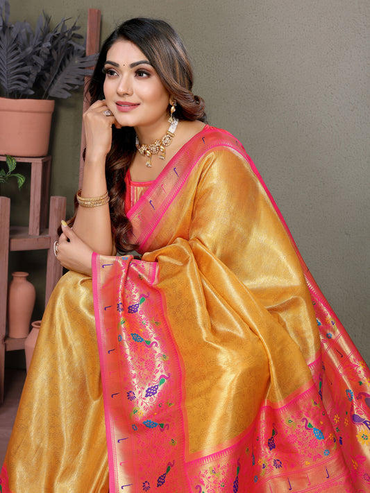 Yellow Mrudangi pure banarasi tissue silk sarees With weaving butties