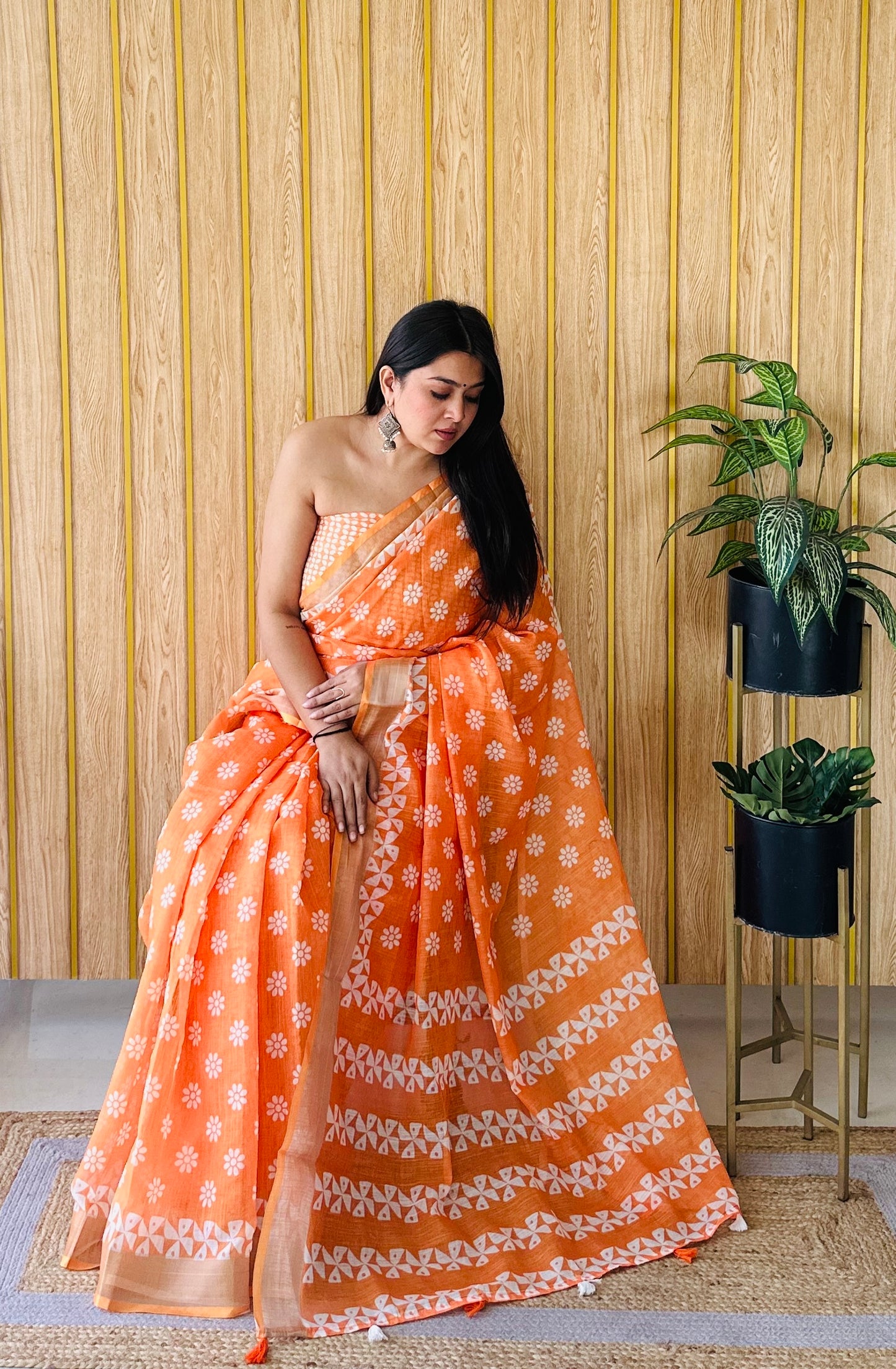 Orange Color Soft Linen Cotton Digital Print Saree Very Premium And Rich Quality