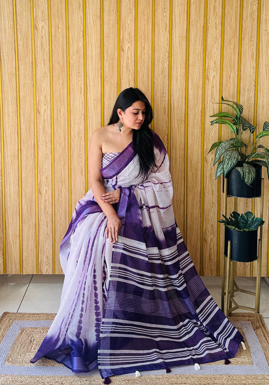 Purple Color Soft Linen Cotton Digital Print Saree Very Premium And Rich Quality