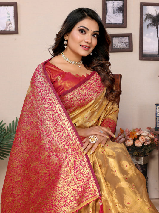 Red Hema Banarasi tissue silk sarees with Meenkari woven borders