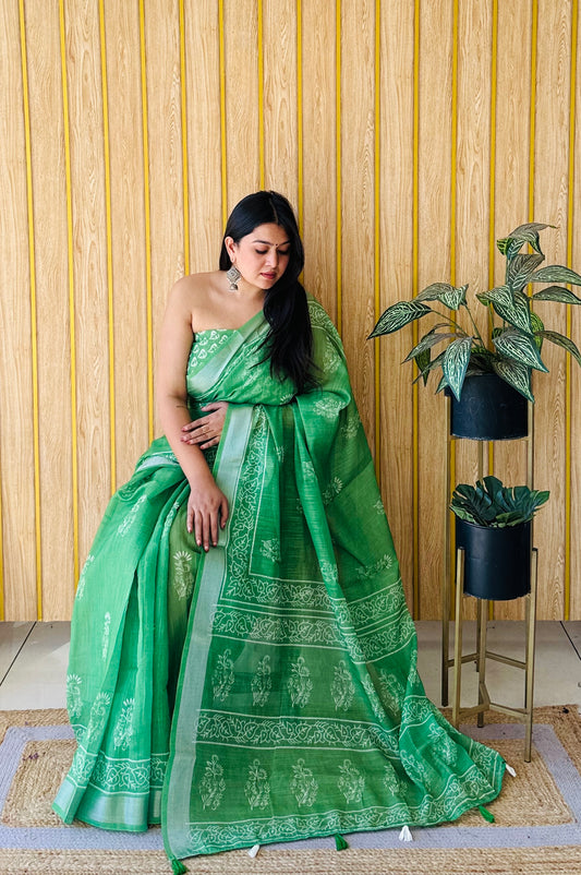 Green Color Soft Linen Cotton Digital Print Saree Very Premium And Rich Quality