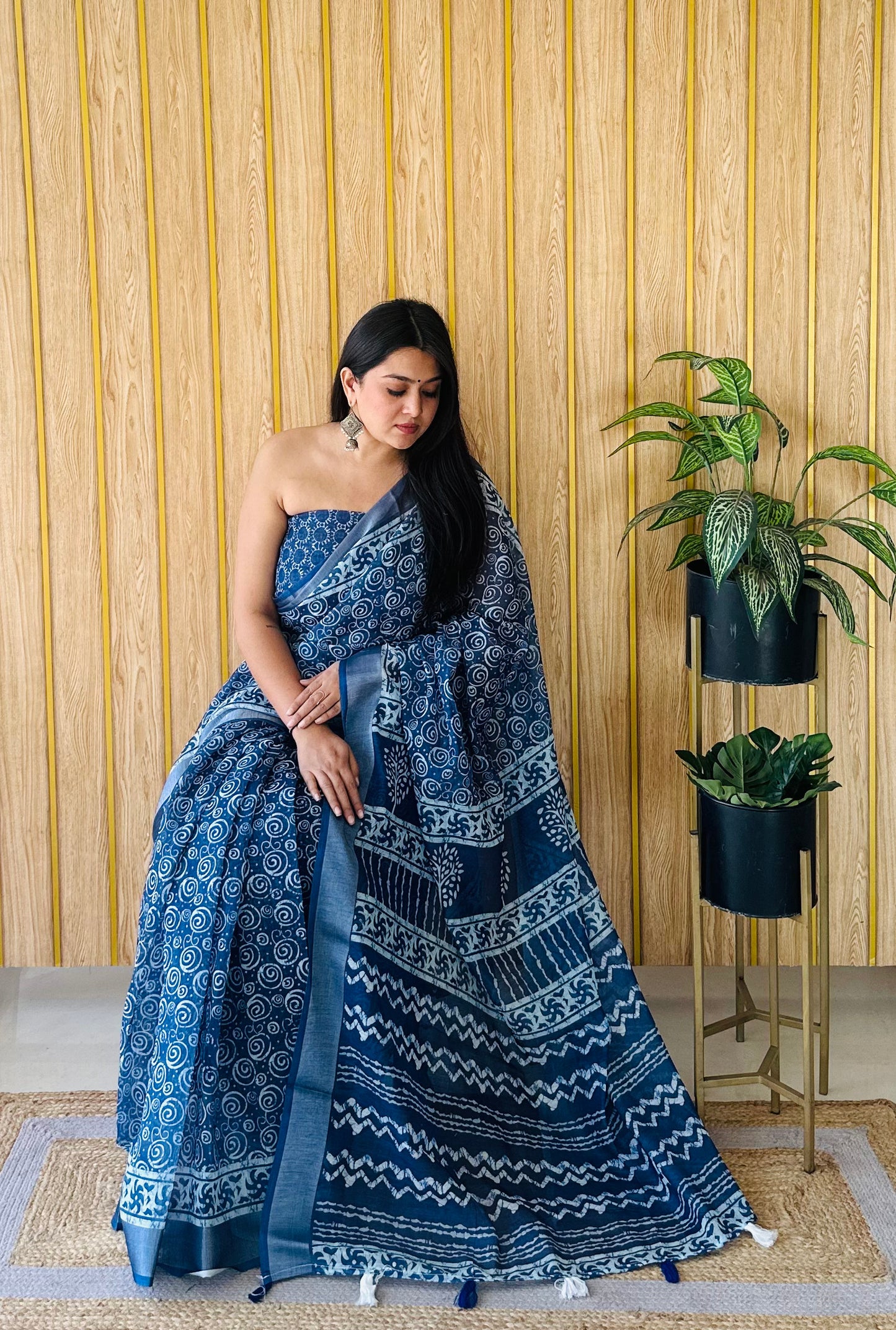 Blue Color Soft Linen Cotton Digital Print Saree Very Premium And Rich Quality