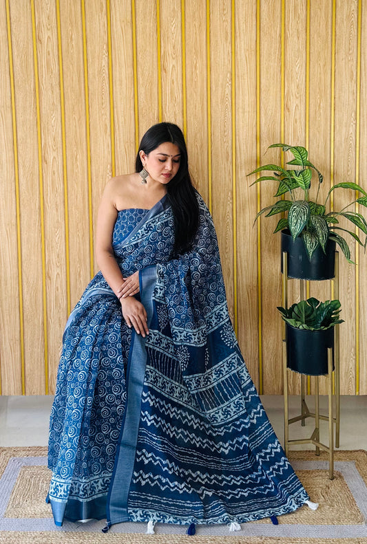 Blue Color Soft Linen Cotton Digital Print Saree Very Premium And Rich Quality