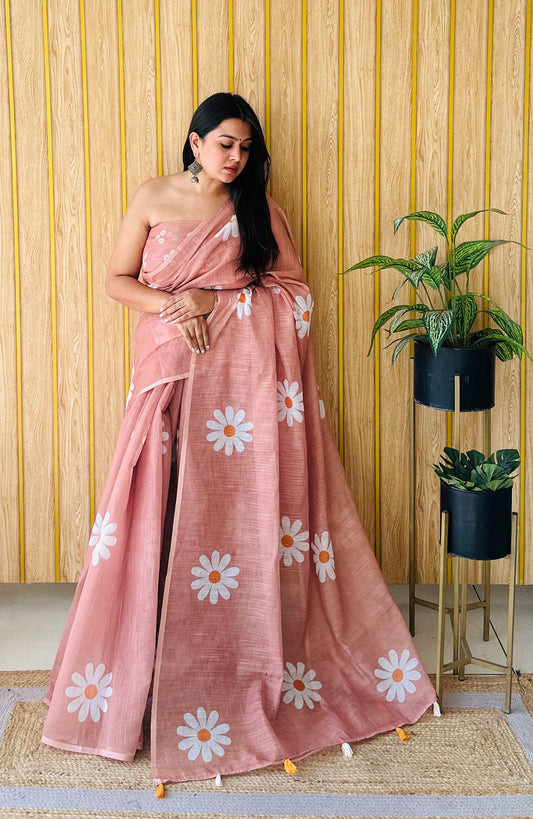Peach Soft Linen Cotton Silk Sarees CHAMPA Flower Print