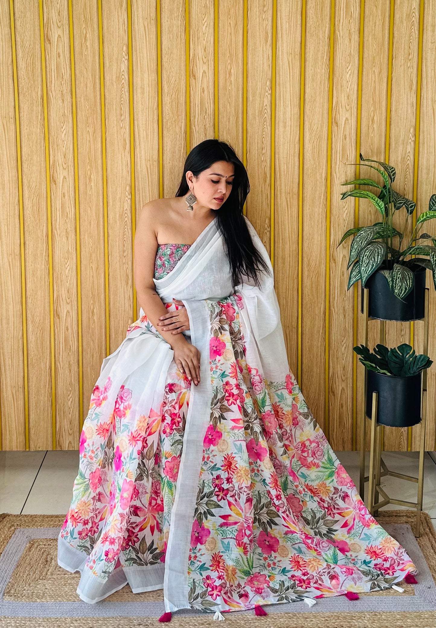 We Brought Exclusive White Color Wedding Soft Linen Cotton Digital Print Saree With Silver Border