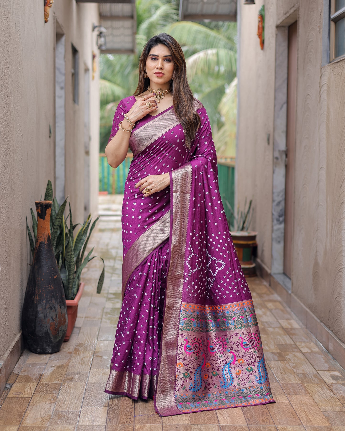 Purple Yashomati Dola Soft Silk Bandhej Sarees With Jari Weaving Border