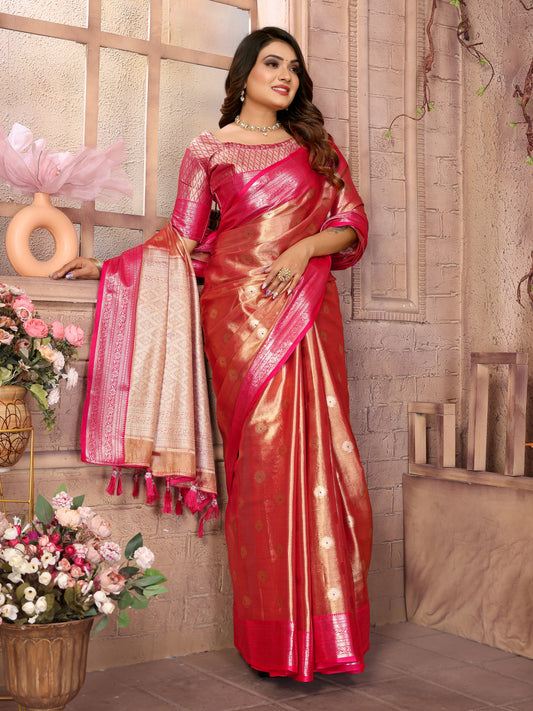 Pink Anita Handloom Tissue Silk Sarees with all over Zari Weaving Designs