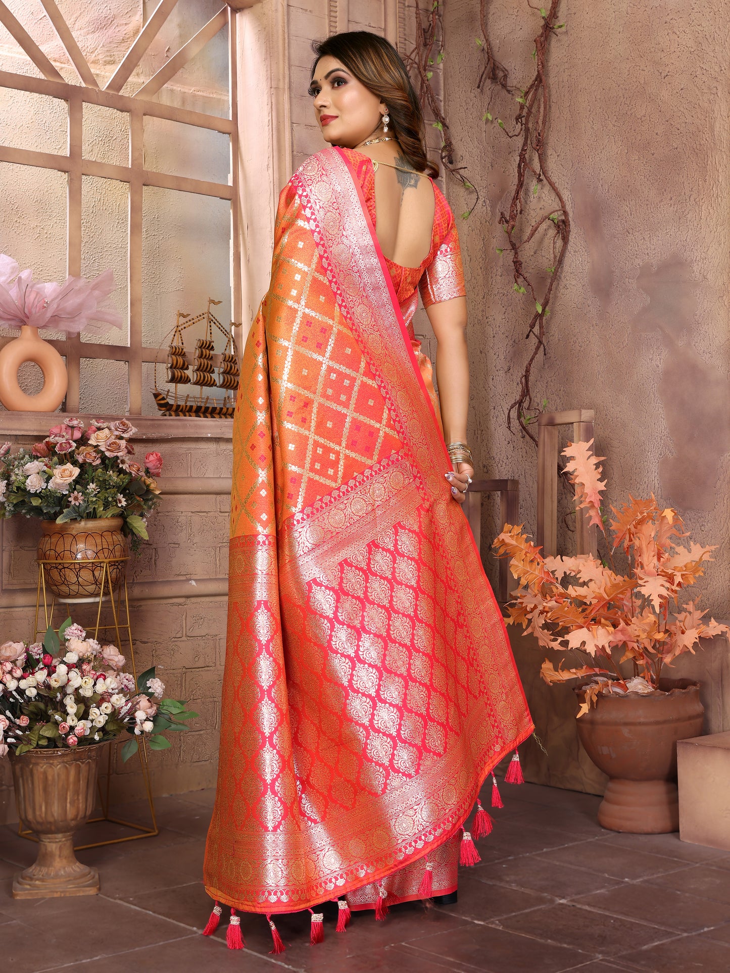 Orange Kundan kochi silk saree with beautiful Checks weaving exclusive work soft comfy
