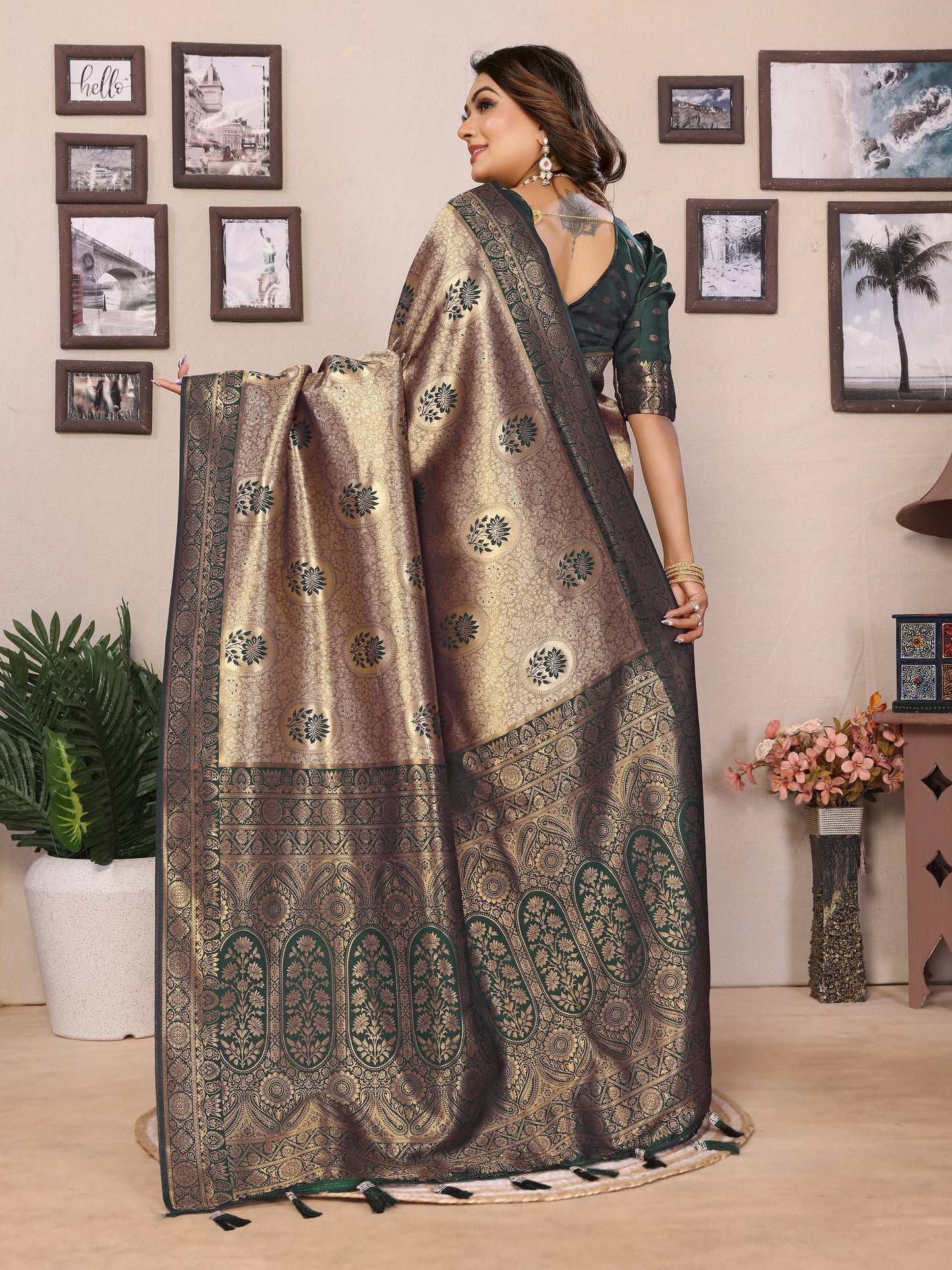 Green Mahek Handloom Tissue Silk Sarees with Contrast Zari woven Border