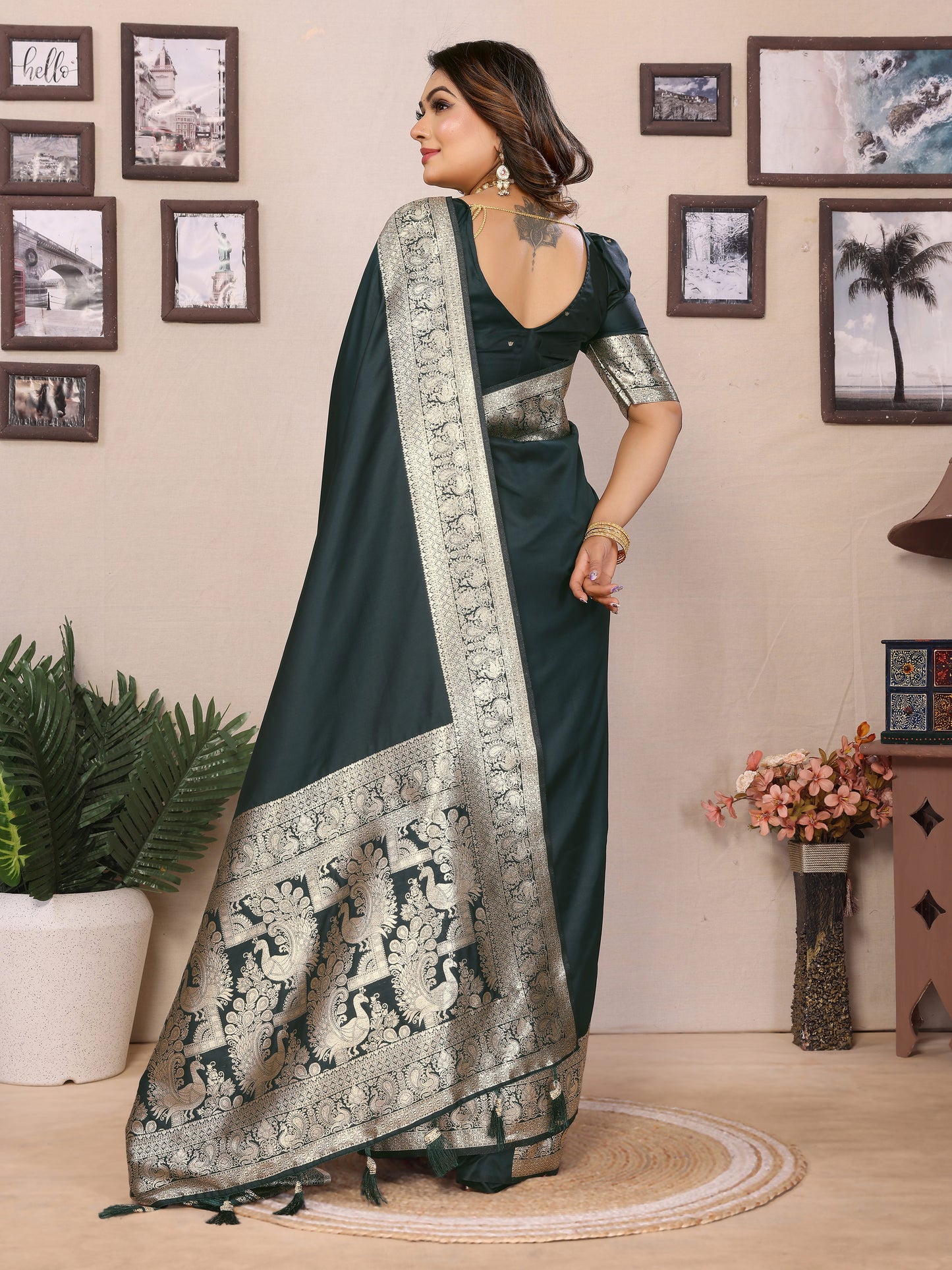 Dark Green Ruby Banarasi silk saree with beautiful Gala weaving exclusive work soft comfy