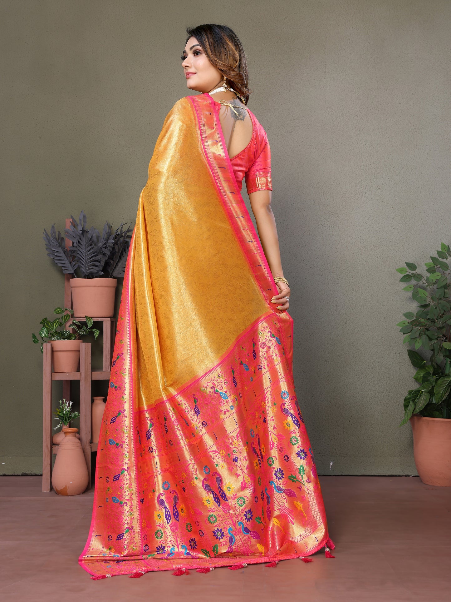 Yellow Mrudangi pure banarasi tissue silk sarees With weaving butties