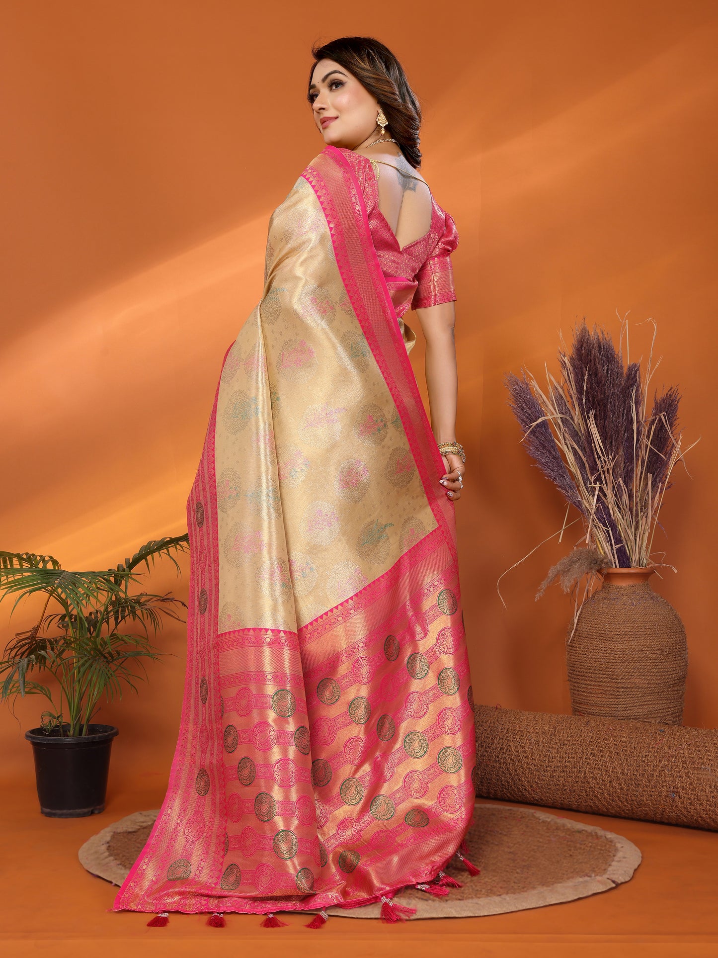 Beige Sonali banarasi tissue silk sarees with all over weaving butties
