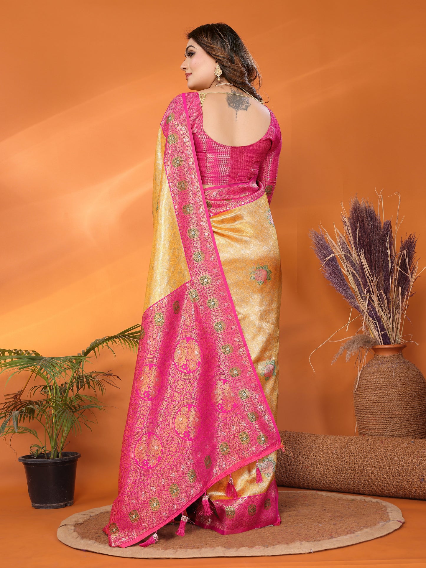 Yellow Saroz banarasi tissue silk sarees with all over weaving butties