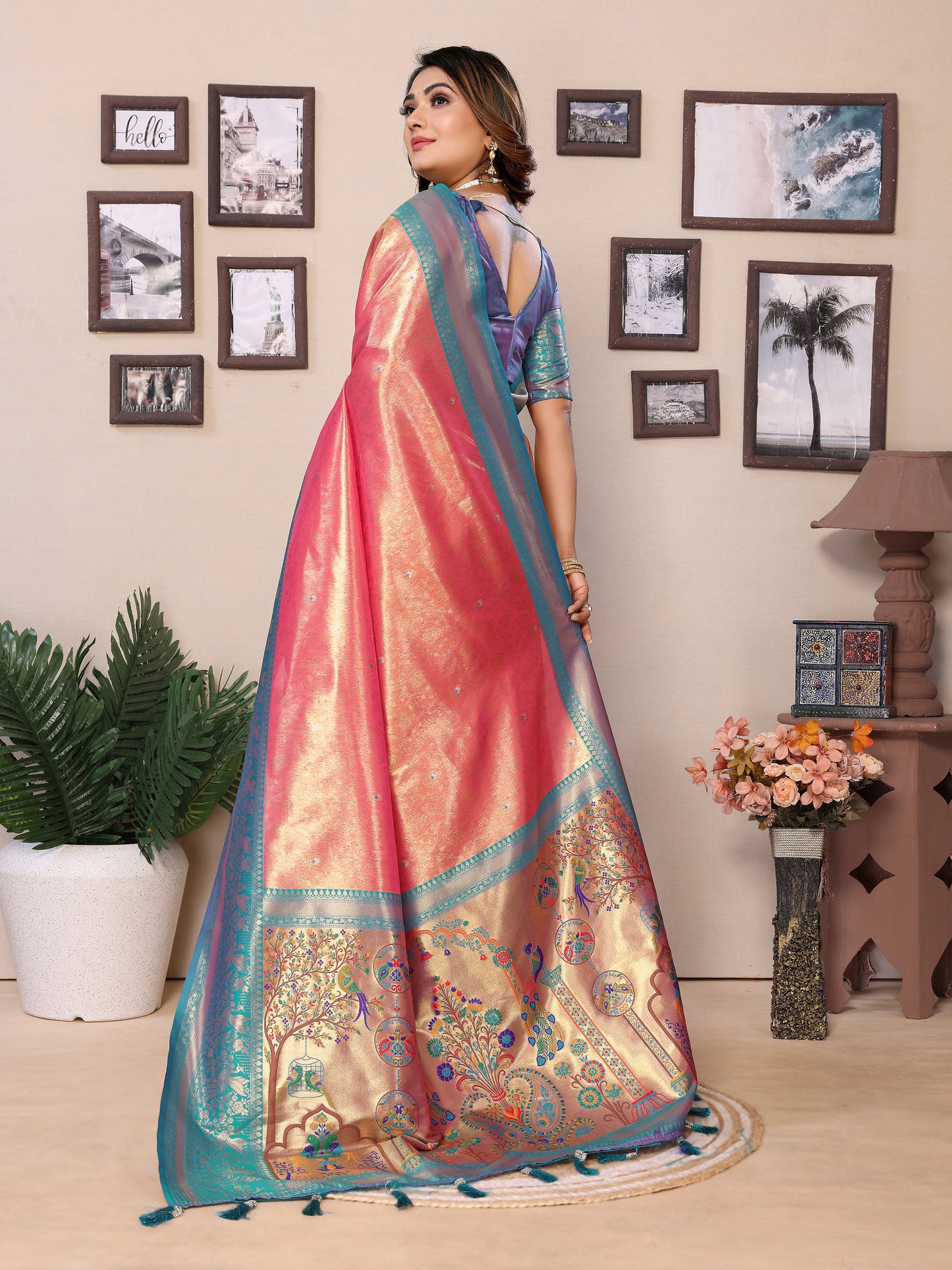Pink Color Presenting Pure Banarasi Tissue Silk Saree With Paithani Border