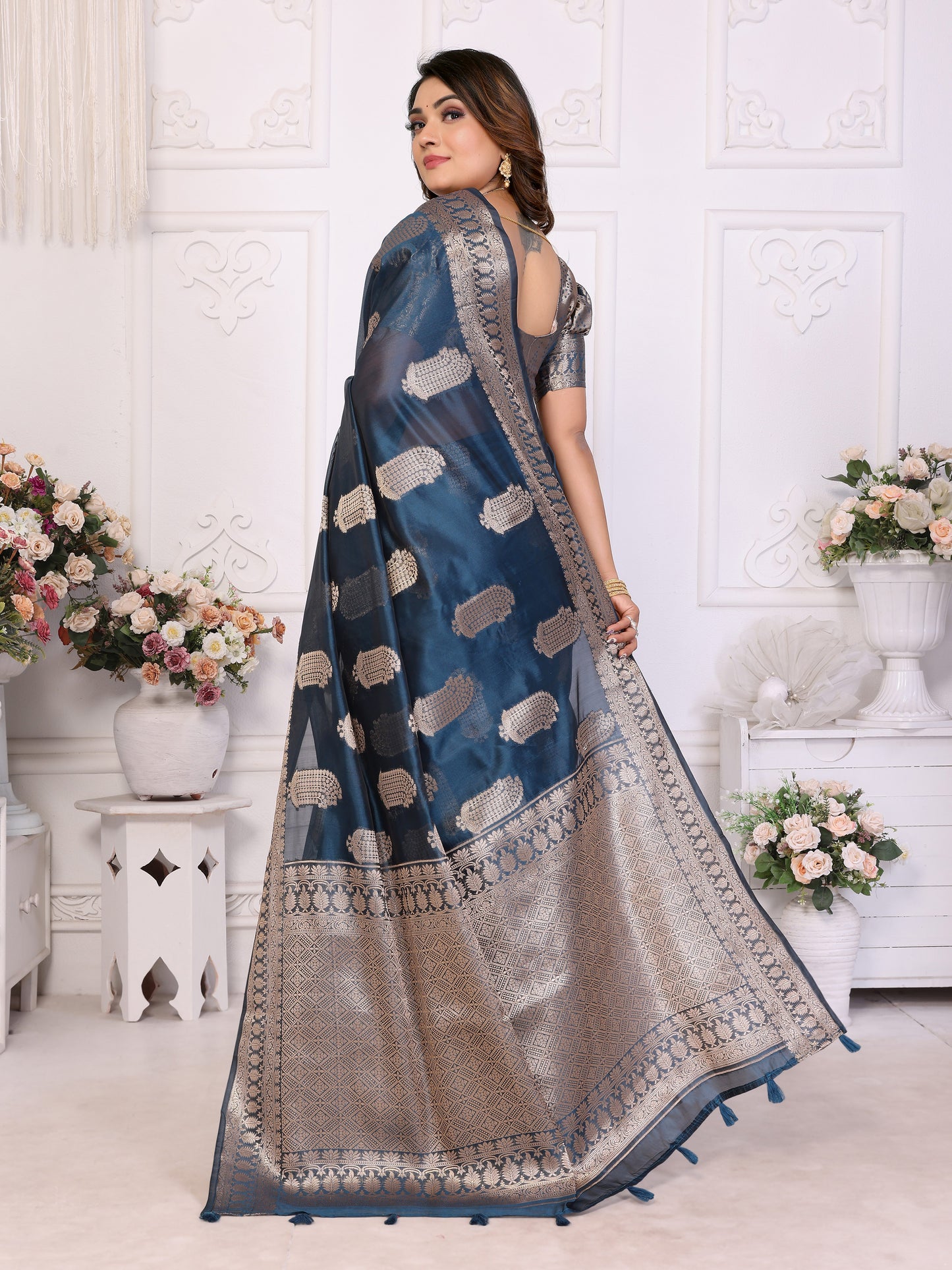 Navy Blue Color Premium And Superior Soft Organza Silk Banarasi Saree Butta With Unique Colour