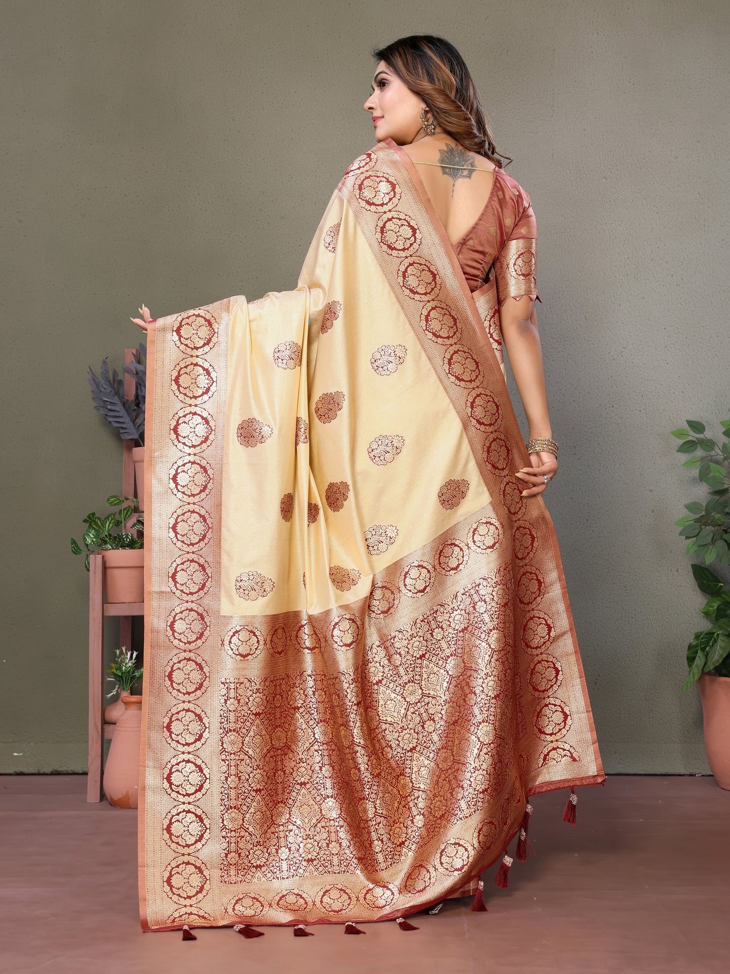 Brown Jugani Viscose silky sarees that are soft and with all over weaving butties in the body