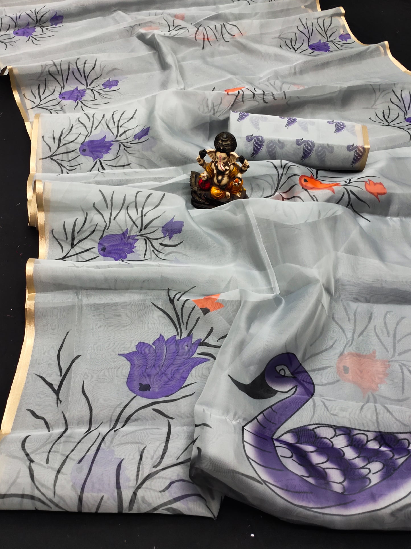 Gray Color Best Quality Art Silk Organza Digital Print Soft Shiny Saree