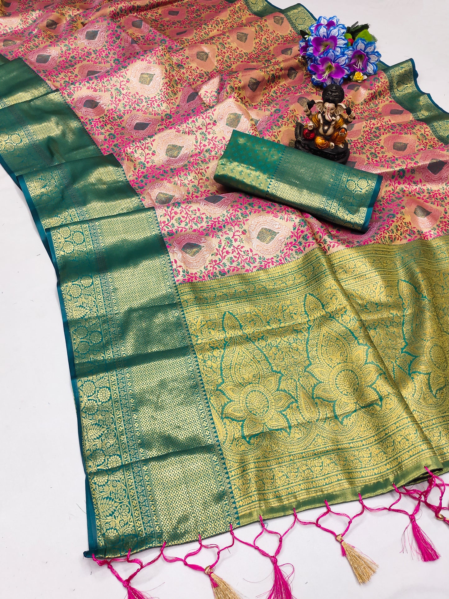 Peach Draupadi Kanjivaram silk sarees And silky utter smooth and awesome feel