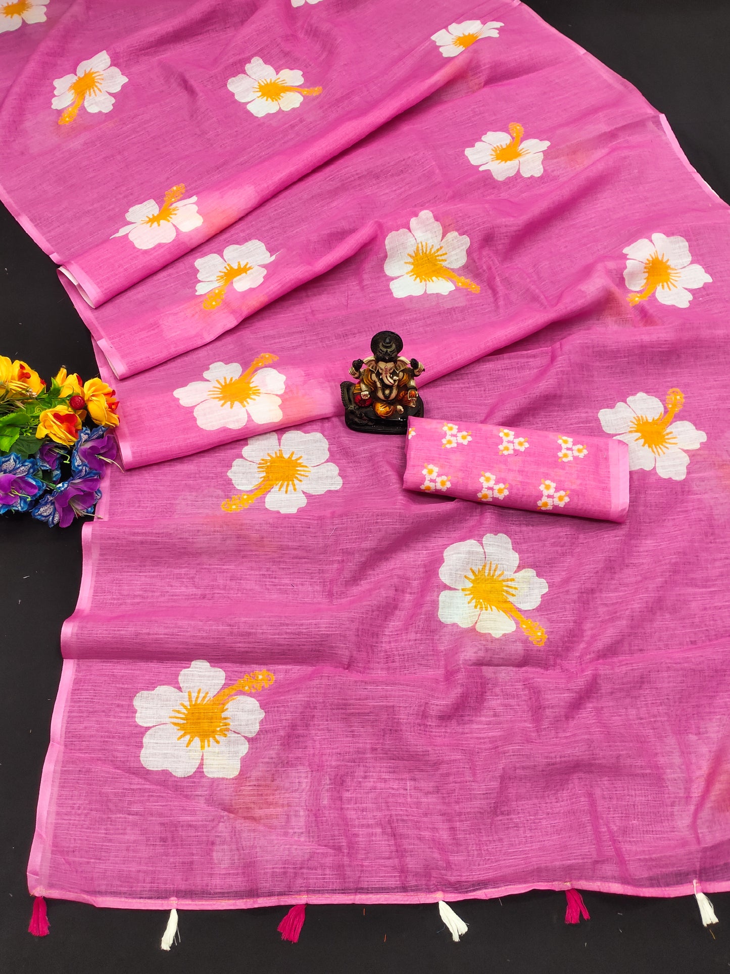 गुलाबी सॉफ्ट लिनन कॉटन सिल्क साड़ी चम्पा जसुद फ्लावर प्रिंट
