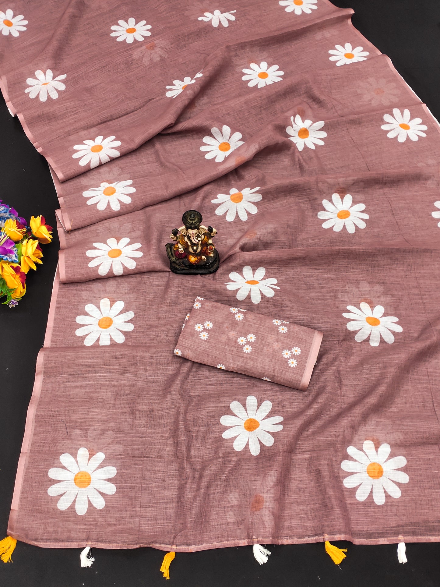 Peach Soft Linen Cotton Silk Sarees CHAMPA Flower Print