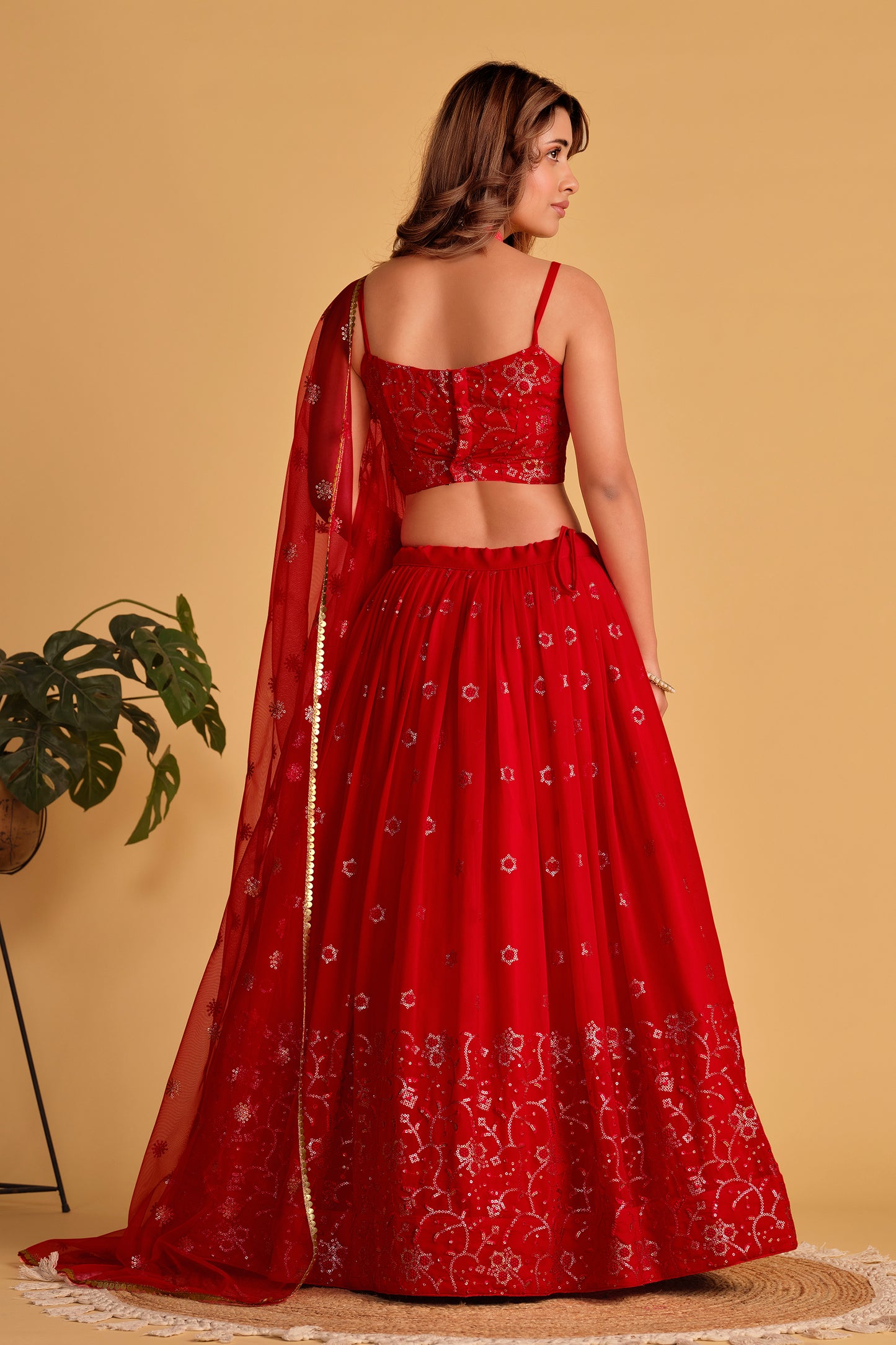 Red Color Georgette Sequins Zari Embroidered Work Lehenga Choli