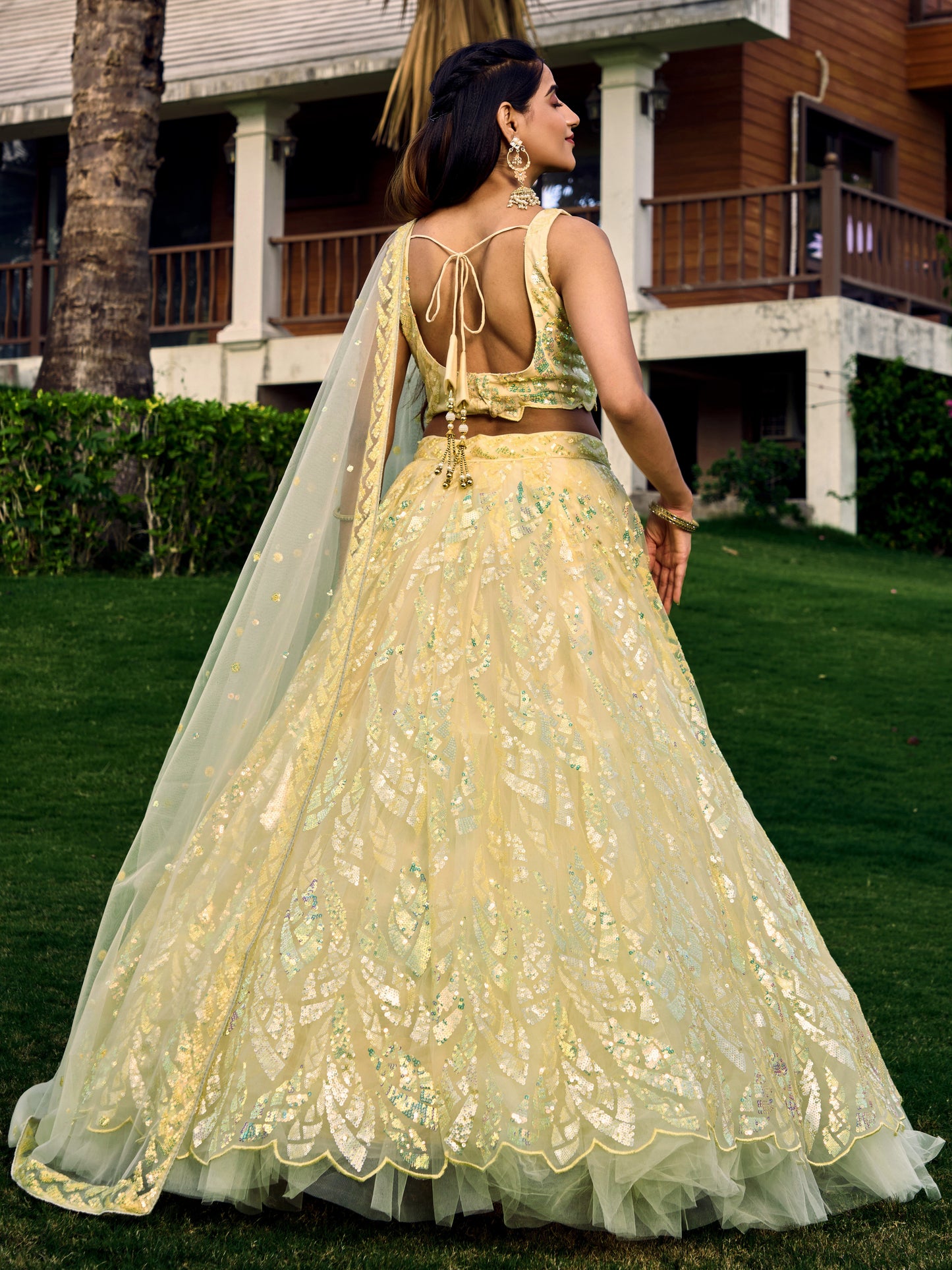 Yellow Color Soft Net Multiple Sequins,Thread Embroidery Work Lehenga Choli