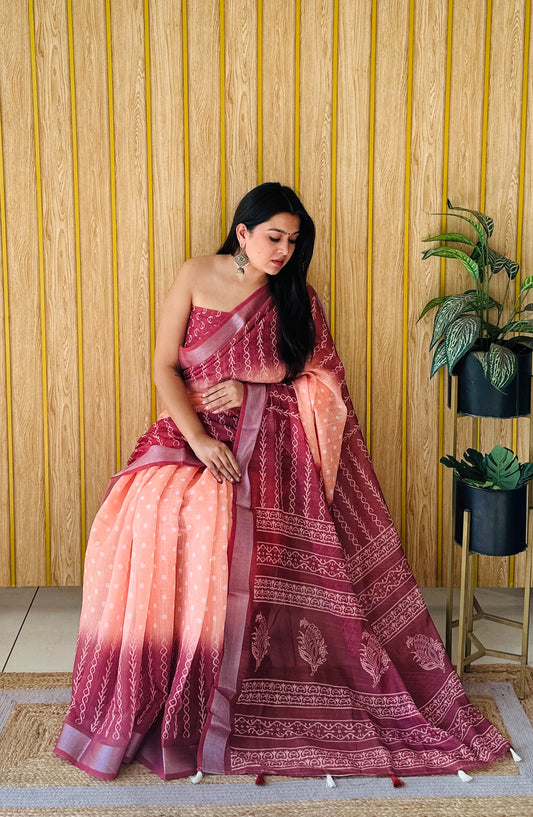 New Concept Premium And Rich Soft Linen Cotton Digital Print Saree With Silver Border