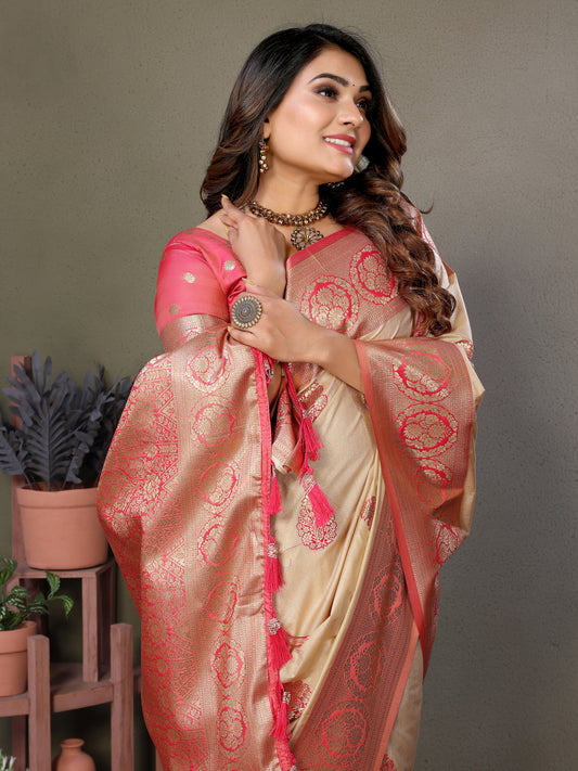 Pink Jugani Viscose silky sarees that are soft and with all over weaving butties in the body