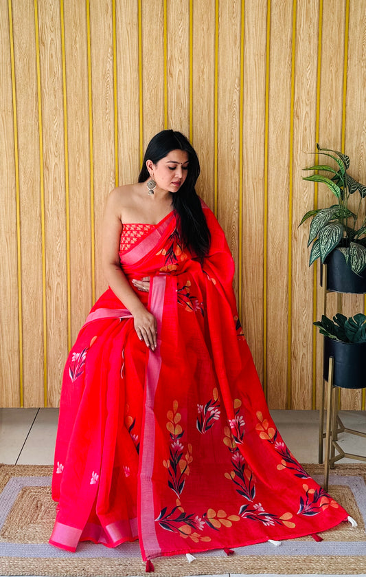 Red Color Exclusive Wedding Soft Linen Cotton Digital Print Saree With Silver Border