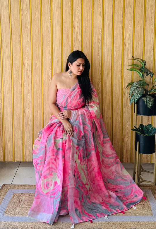 Pink Color Soft Linen Cotton Digital Print Saree Very Premium And Rich Quality