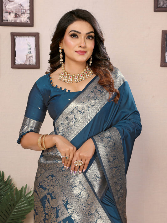 स्काई ब्लू रूबी बनारसी सिल्क साड़ी सुंदर गाला बुनाई के साथ विशेष काम नरम आरामदायक