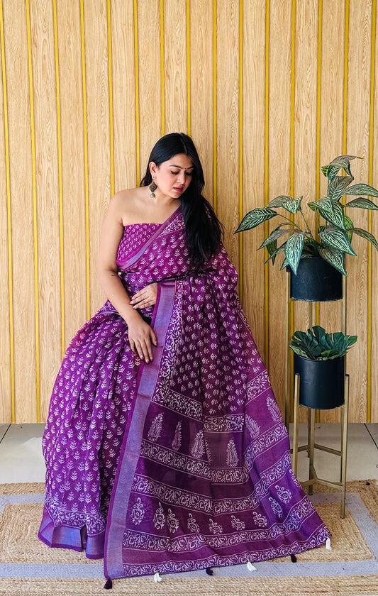 Purple Color Soft Linen Cotton Digital Print Saree Very Premium And Rich Quality