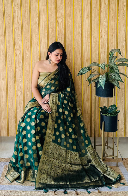 Dark Green Color Permium Soft Gimichu Silk Saree And Jari Weaving Border