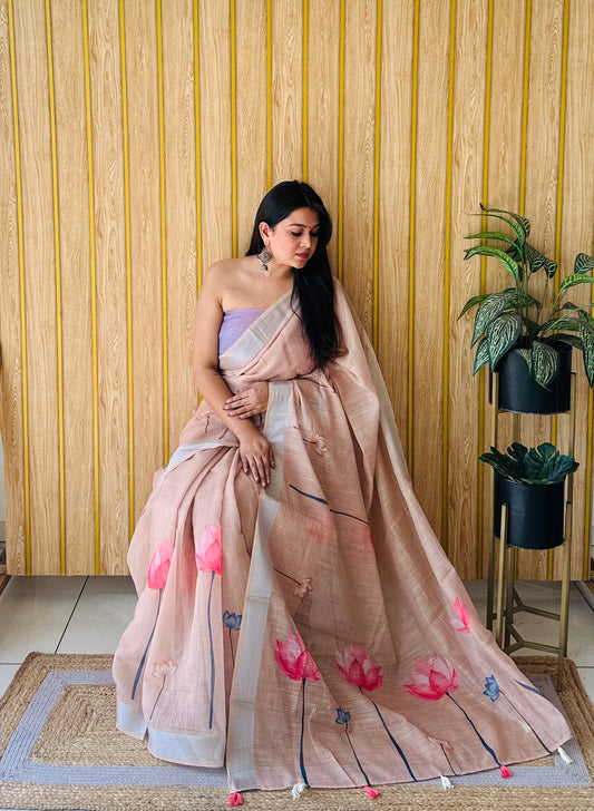 Beige Color Premium Quality Soft Linen Cotton Digital Print Saree With Silver Border