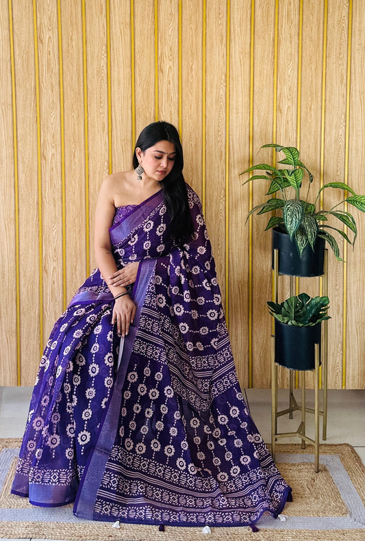 Purple Color Soft Linen Cotton Digital Print Saree Very Premium And Rich Quality