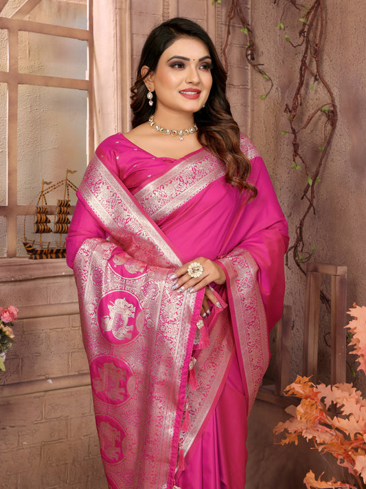 Pink Rani Banarasi silk saree with beautiful Gala weaving exclusive work soft comfy