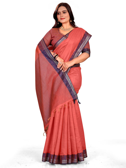 इस त्यौहार के मौसम के लिए पीच बहुत खूबसूरत मोहिनी प्रीमियम रॉयल लिनन सिल्क साड़ियाँ