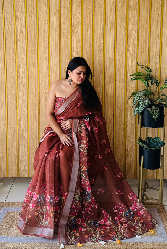 Brown Color Premium Quality Beautiful Soft Linen Cotton Digital Print Saree