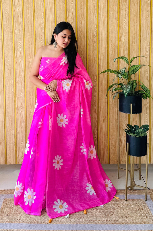 Pink Soft Linen Cotton Silk Sarees CHAMPA Flower Print