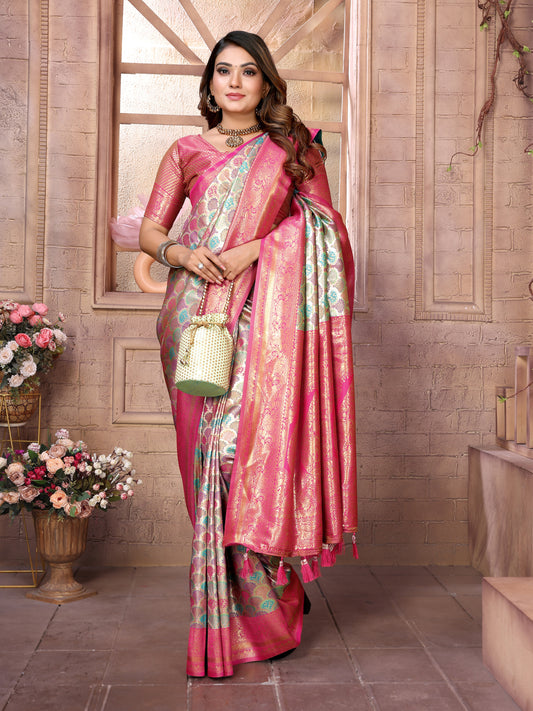 Light Pink Chaturi-1 Banarasi Chaturi silk saree Jari weaving Border