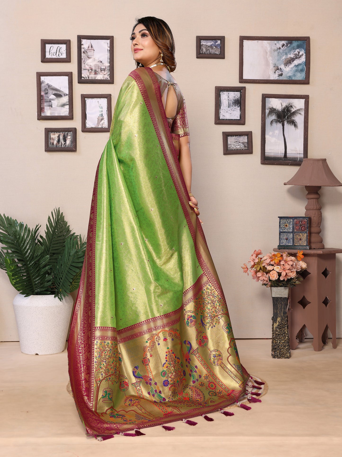 Presenting Green Color Pure Banarasi Tissue Silk Saree With Paithani Border