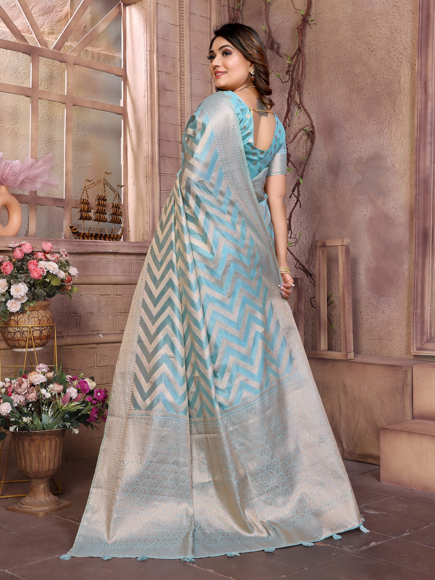Sky Color Premium Superior Soft Organza Silk Banarasi Saree With Zari Border