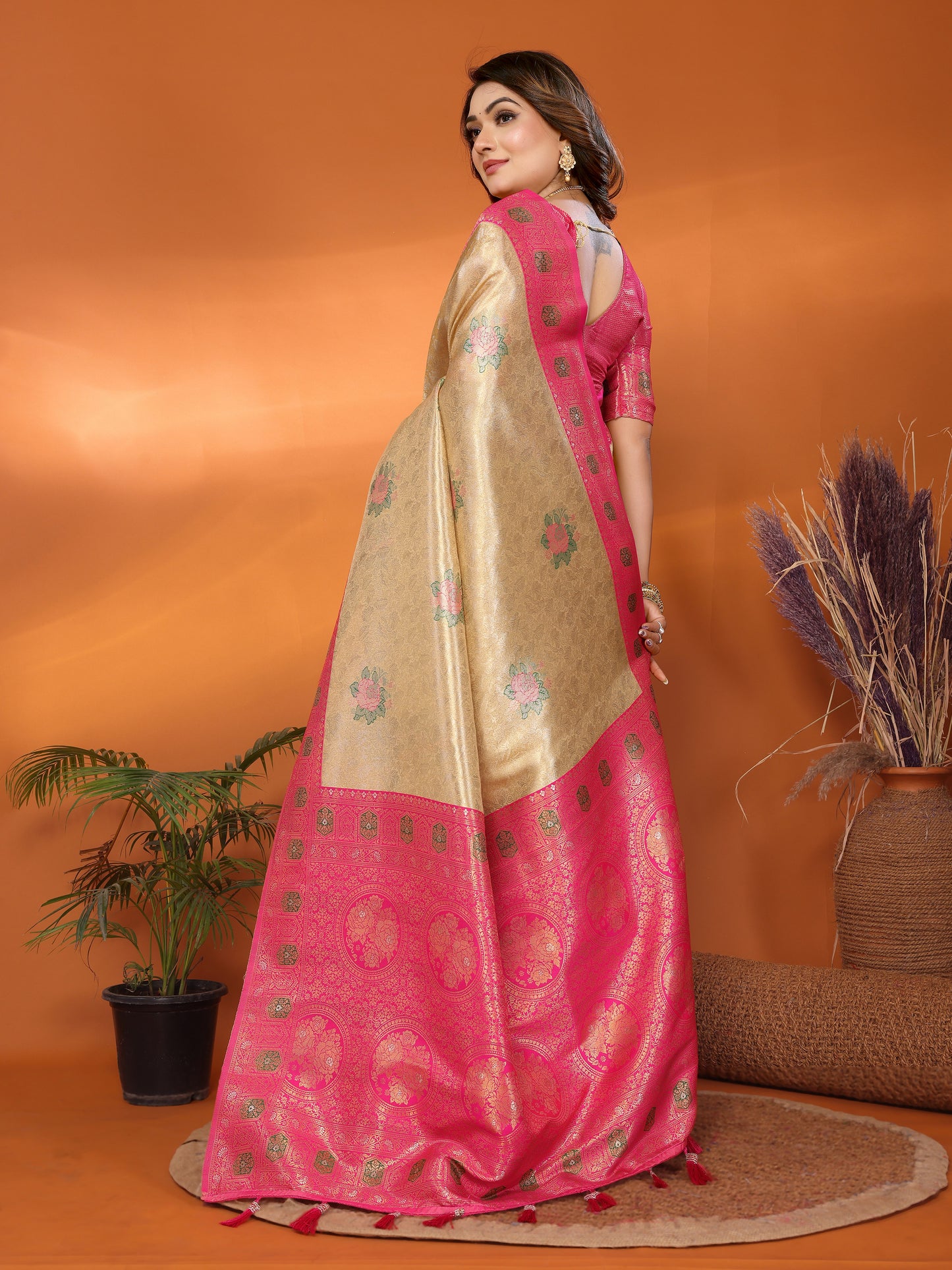 Beige Saroz banarasi tissue silk sarees with all over weaving butties